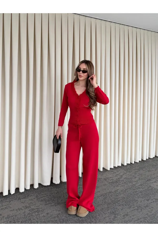 Red Lace Two-Piece Knit Set - 2602