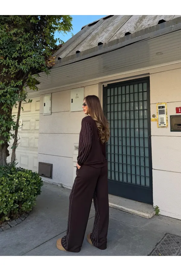 Kahverengi Taşlı Bluz Pantolon Takım - 0766