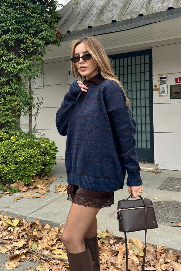 Lacivert - Kahverengi Çizgili Kazak -1510