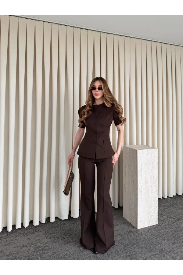 Kahverengi Balon Kol Düğmeli Ceket Pantolon Takım - 0440