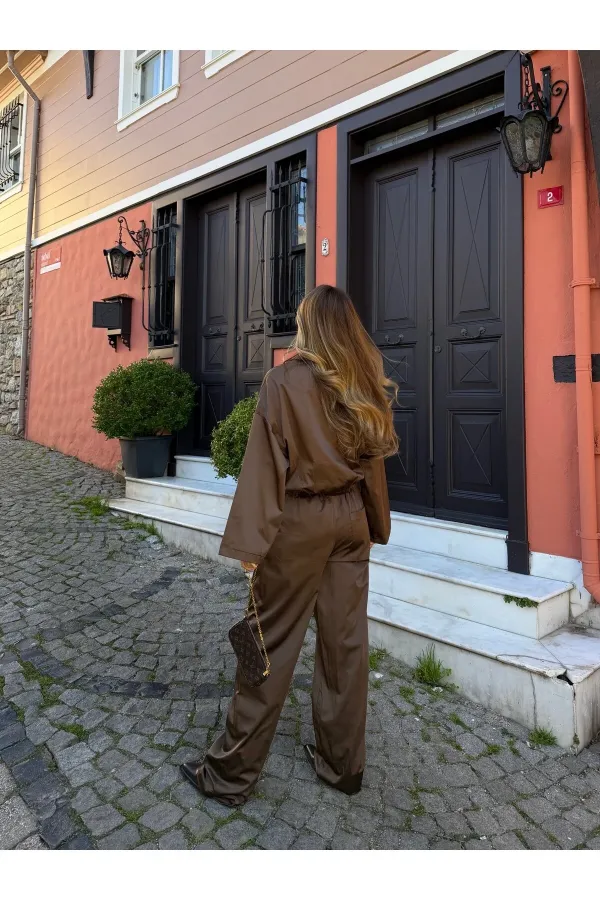 Kahverengi Bomber Saten Ceket Pantolon Takım - 9663 - 51229