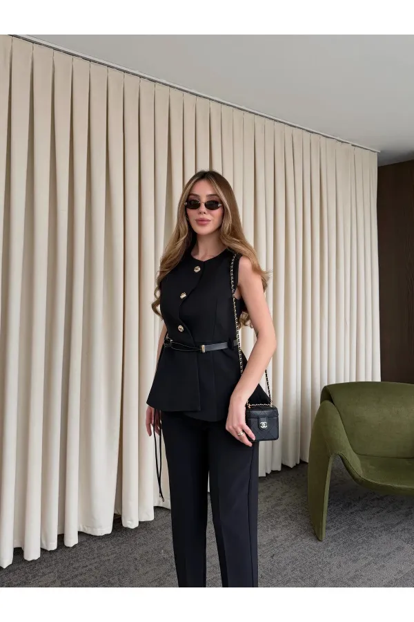 Siyah Kemerli Düğmeli Yelek - 9682
