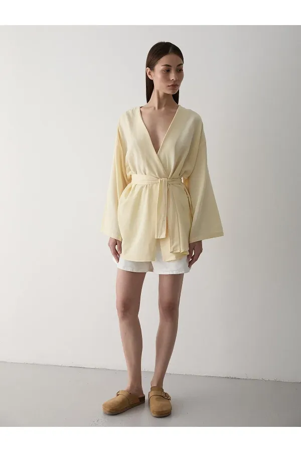 Yellow Cotton Linen Kimono with Button Detail and Belt