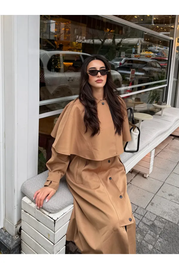 Camel Çıkarılabilir Kapüşon Detaylı Pelerinli Trençkot - 85179
