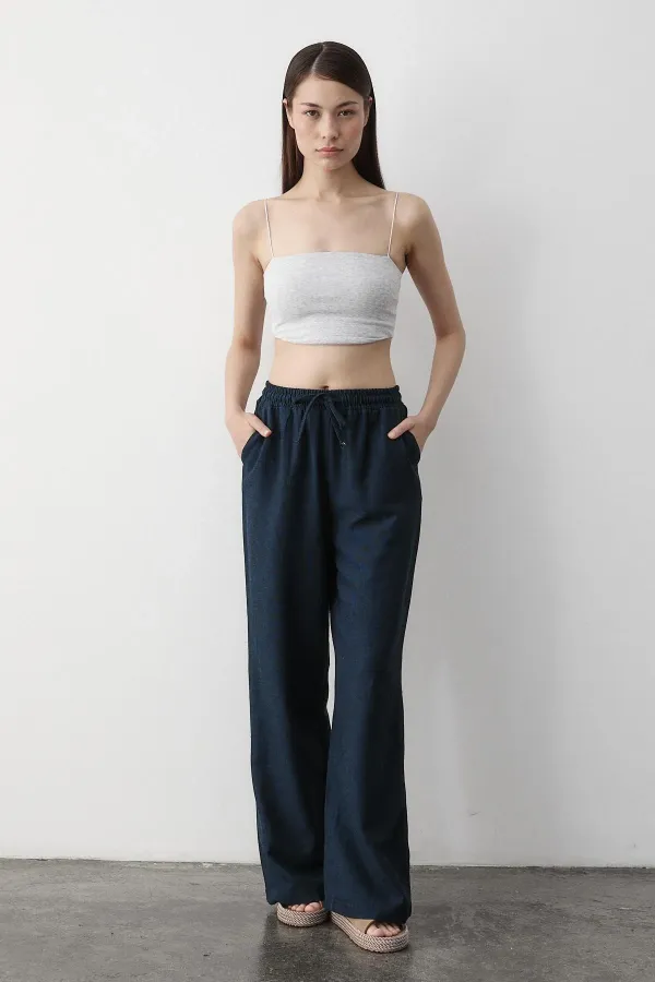 Navy Blue Wide Leg Trousers with Elastic Waistband