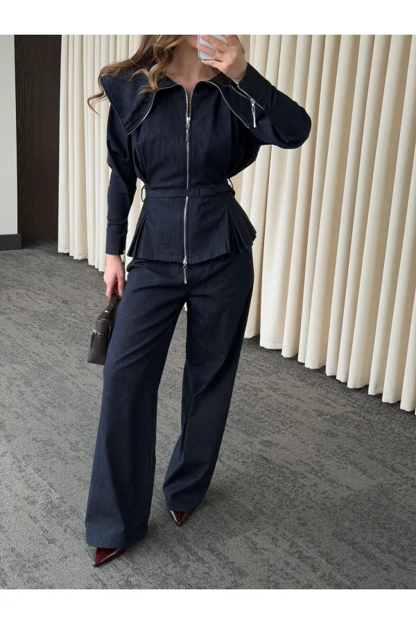 Costume en jean bleu marine de créateur - 8002