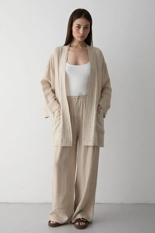 Ensemble kimono 100 % coton naturel avec poches et ceinture - 8491