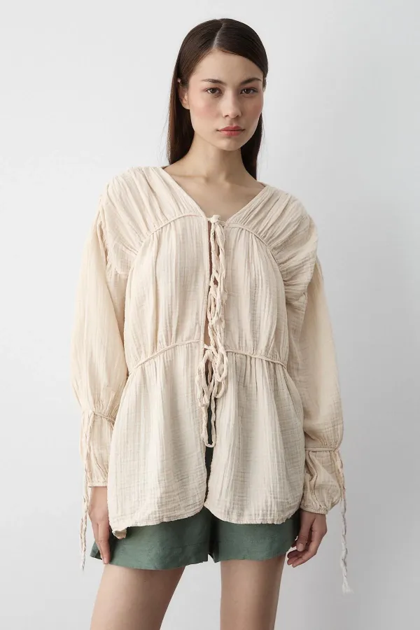 Natural 100% Cotton Muslin Shirt with Elasticated Sleeves
