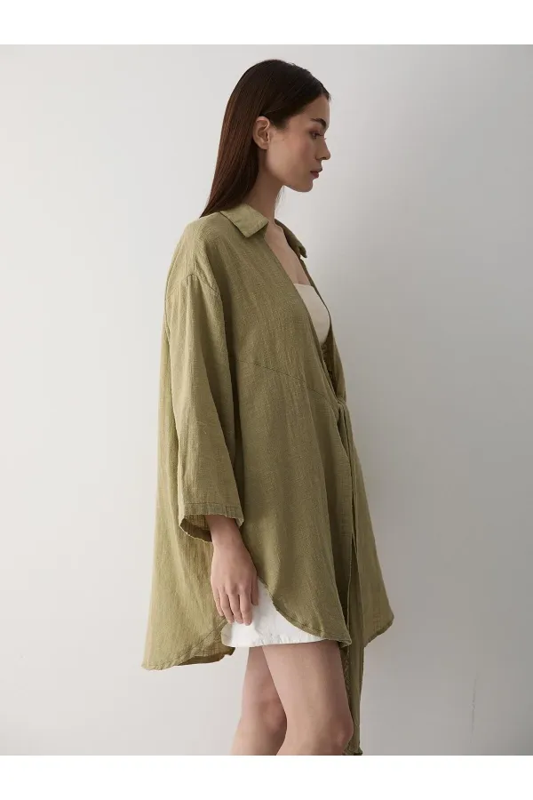 Haki Flam Keten Kimono Gömlek