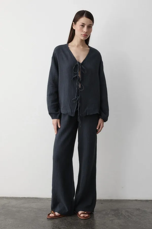 Antrasit %100 Pamuk Bağlamalı Bluz Pantolon Takım