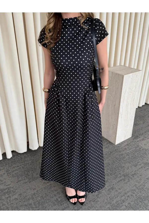 Robe longue noire à pois - 5092