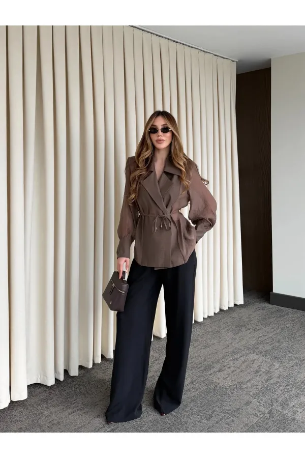 Kahverengi Vatkalı Transparan Gömlek - 5029