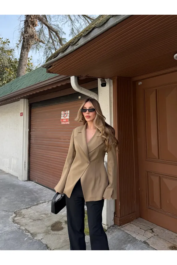 Haki Kruvaze Tek Düğmeli Ceket - 7011