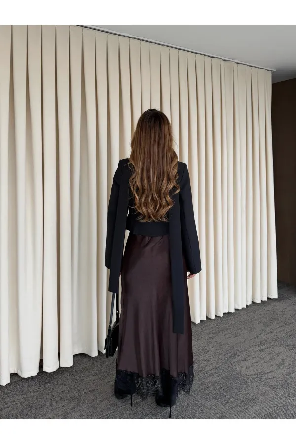 Kahverengi Puantiyeli Saten Etek Ucu Dantelli Etek - 50228