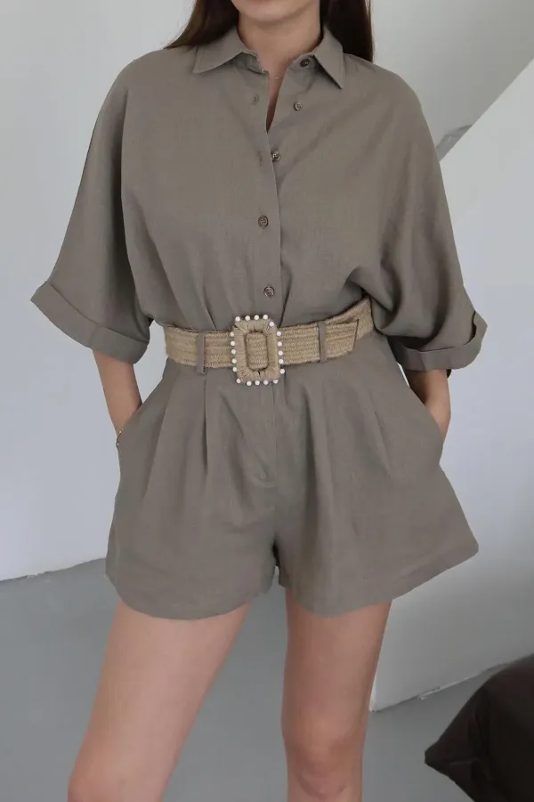 Ensemble chemise et short en paille de vison avec ceinture