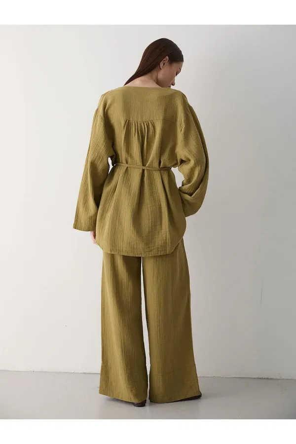 Haki Çok Düğmeli %100 Pamuk Gömlek Pantolon Takım