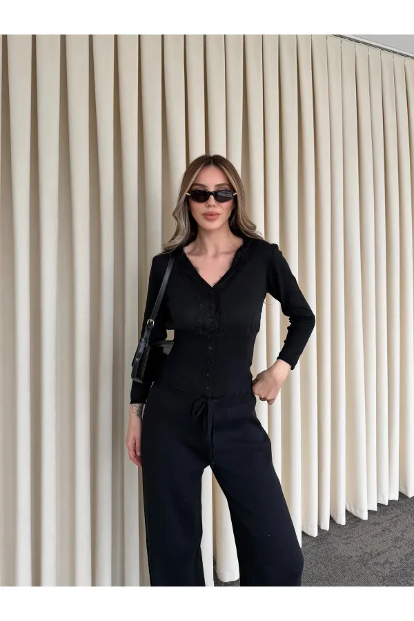 Siyah Dantelli İkili Triko Takım - 2602