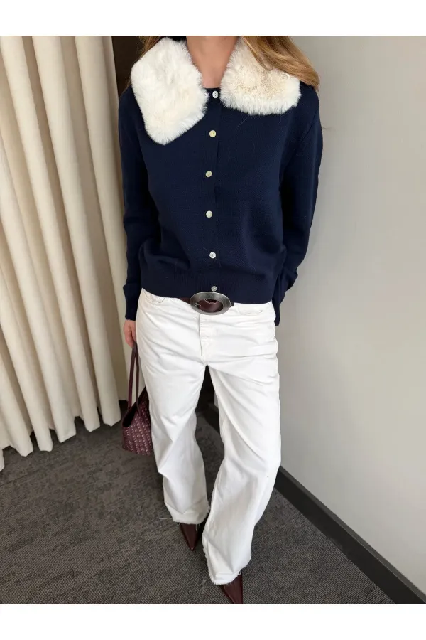 Lacivert Yakası Kürklü Hırka - 261002