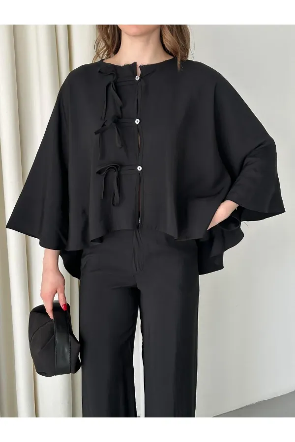 Black Batwing Sleeve Set with Lace-up Button Detail