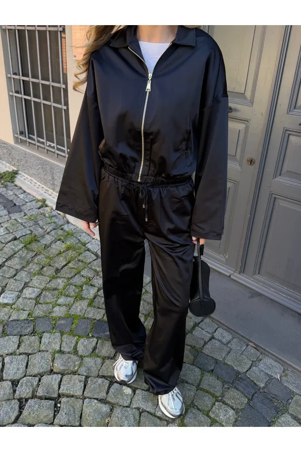 Siyah Bomber Saten Ceket Pantolon Takım - 9663 - 51229