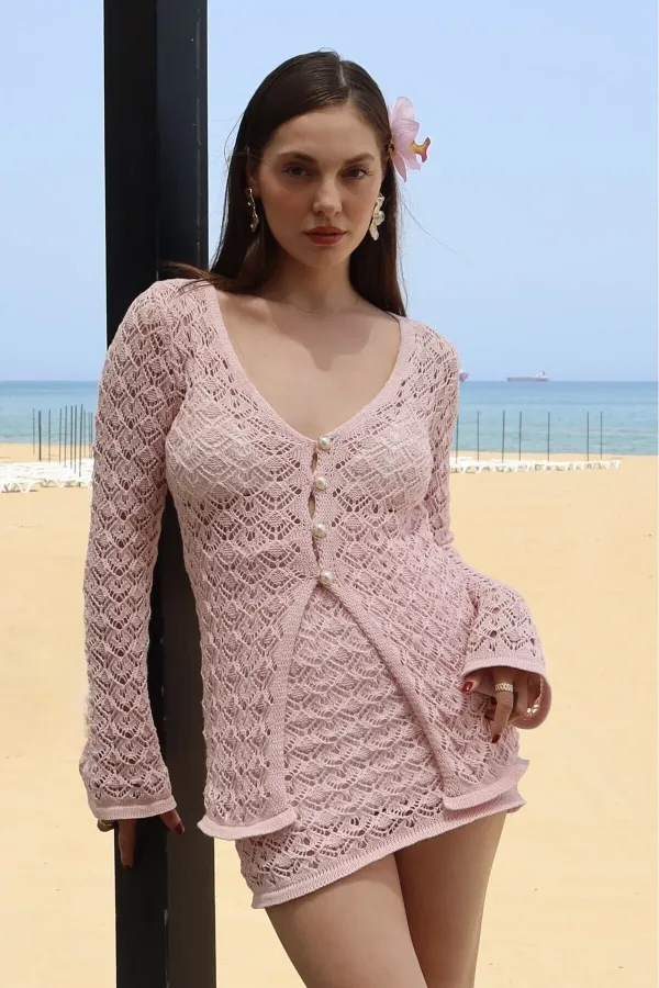 Ensemble cardigan et jupe à boutons en perles roses - 7221