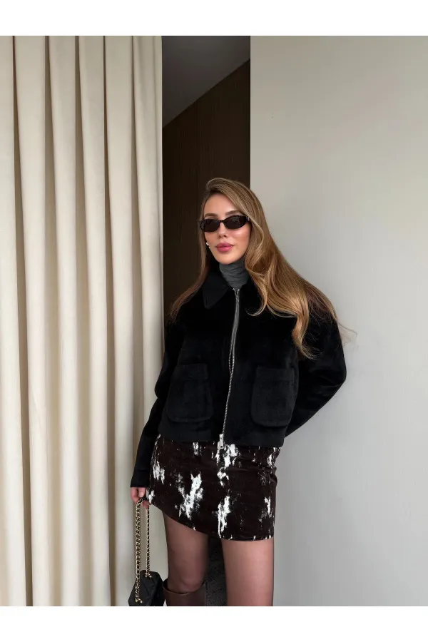 Siyah Fermuarlı Süet Ceket - 00664