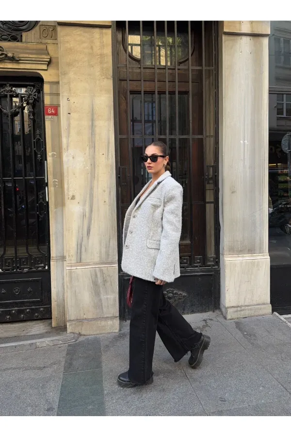 Veste Blazer en Cachemire Ceinturée Bouclé Gris - 7368