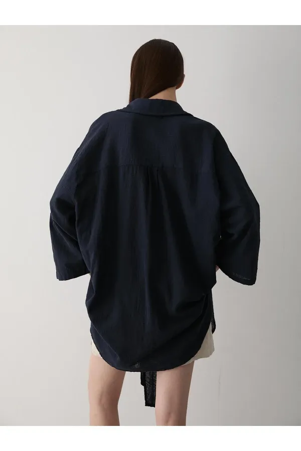 Lacivert Flam Keten Kimono Gömlek