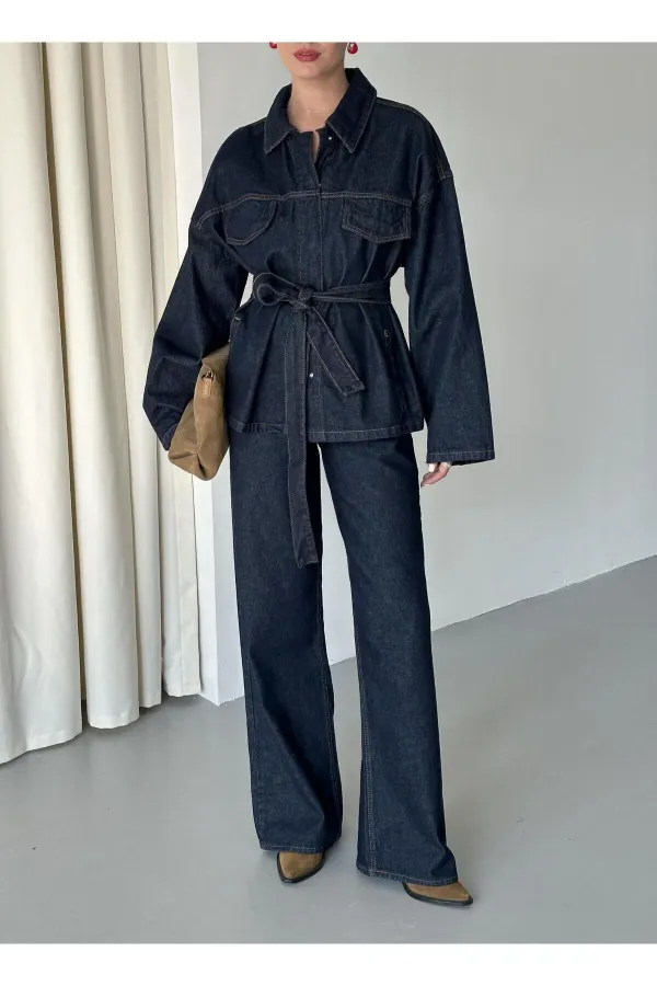Navy Blue Tie-Up Denim Jacket and Pants Set