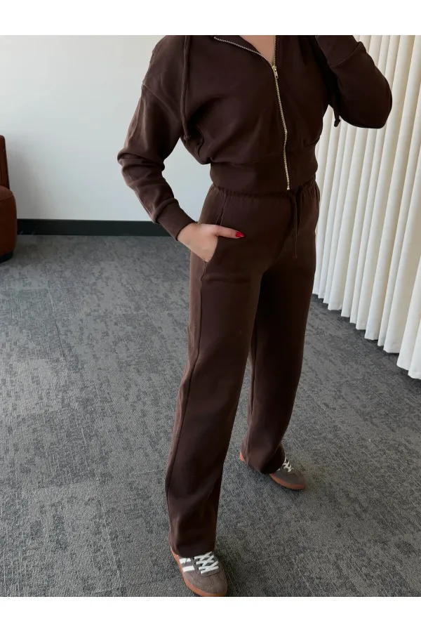 Kahverengi %100 Pamuk Kapüşonlu Fitilli Takım - 51232