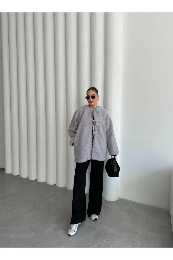 Grey Front Tie Teddy Jacket