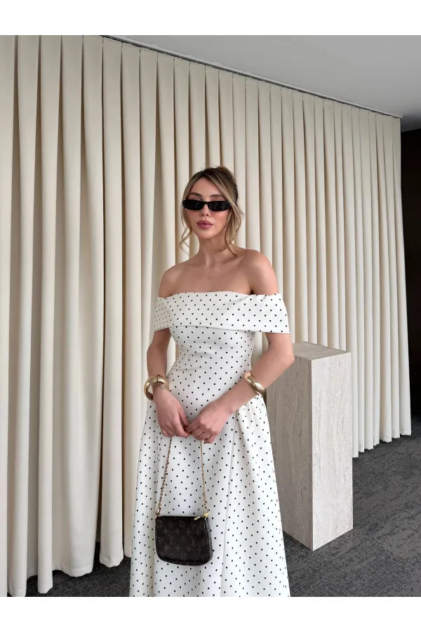 Ekru Madonna Yaka Puantiyeli Midi Elbise - 00888