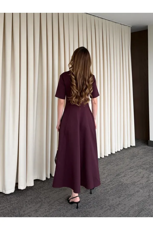 Mürdüm Omuz Drapeli Saten Bluz Etek Takım - 8005