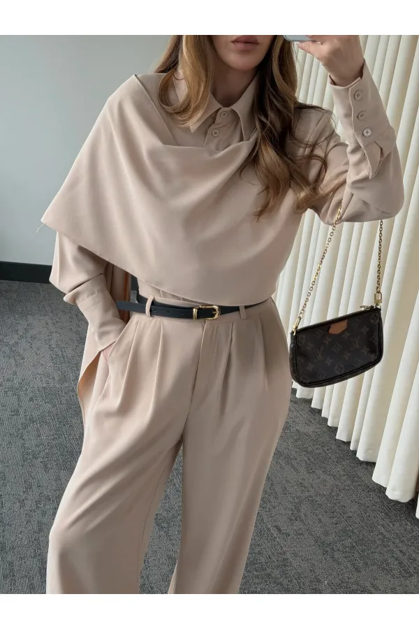 Bej Kemerli Şal Yaka Gömlek Pantolon Takım - 8004