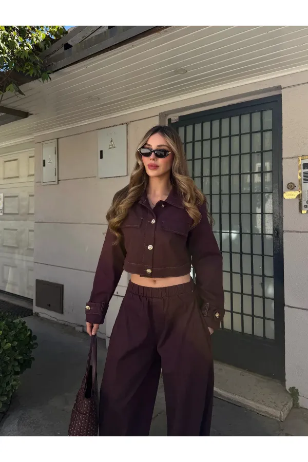 Mürdüm Kot Crop Ceket Pantolon Takım - 51244