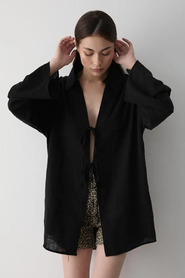 Black 100% Cotton Linen Kimono Blouse with Lace Detail