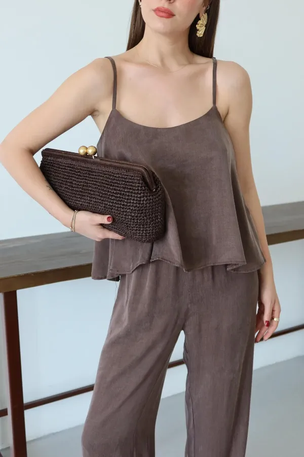 Brown Satin-Look Strappy Blouse and Pants Set Brown Satin-Look Strappy Blouse and Pants Set