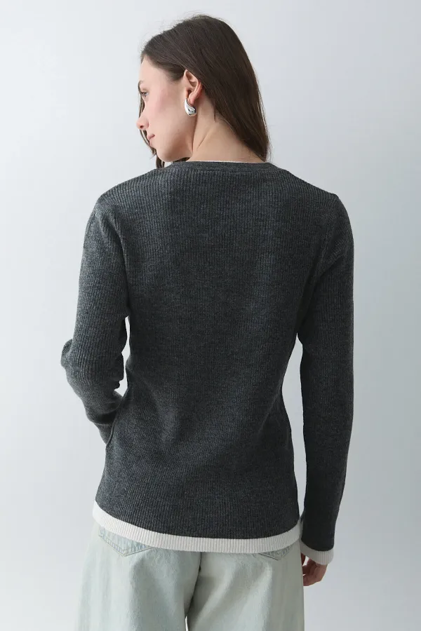 Antrasit - Krem 2 Patlı Düğmeli Kazak - 251023