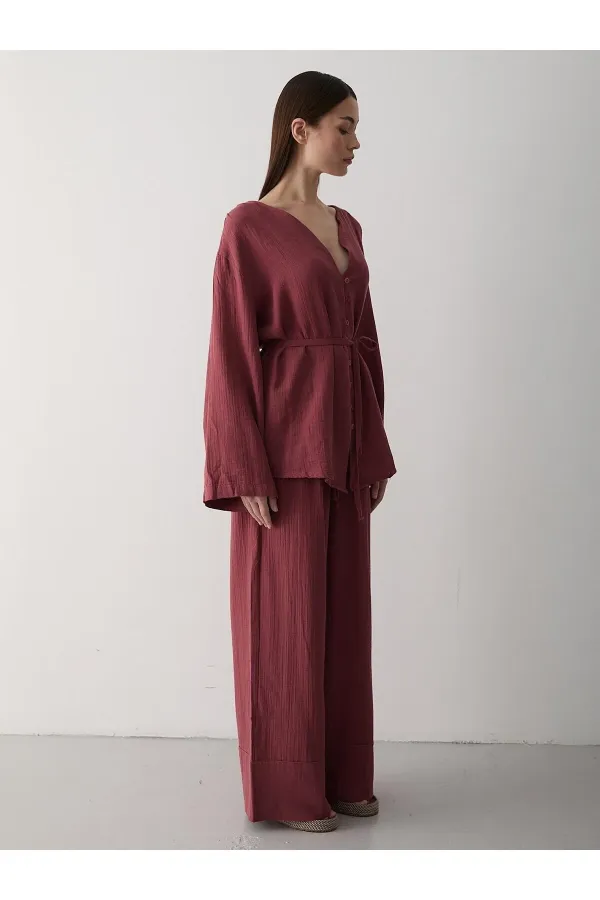 Ensemble chemise et pantalon en coton 100 % à boutons multicolores, coloris tuile