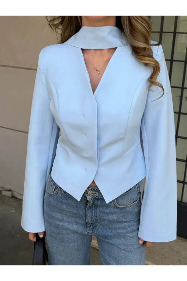 Mavi Vatkalı Fularlı Ceket - 85175