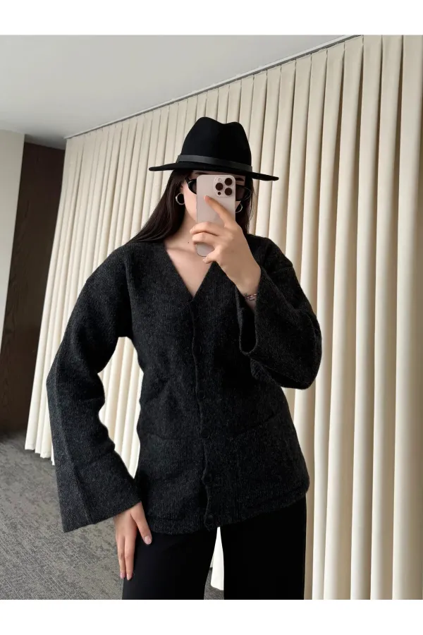 Antrasit Düğmeli Basic Hırka - 4622