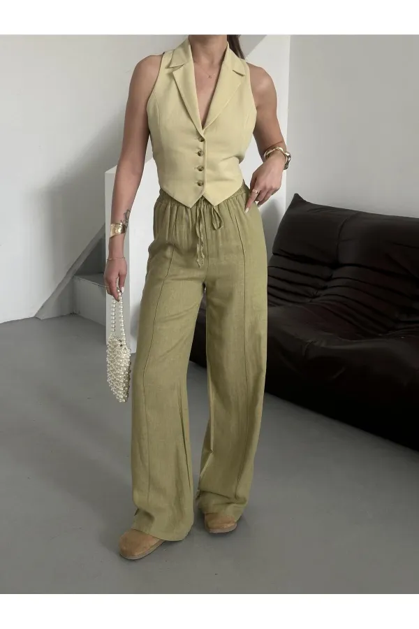 Khaki 100% Linen Palazzo Trousers Khaki 100% Linen Palazzo Trousers