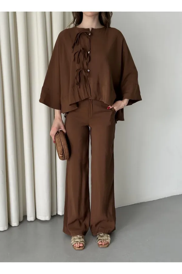 Brown Batwing Sleeve Suit with Lace-up Button Detail
