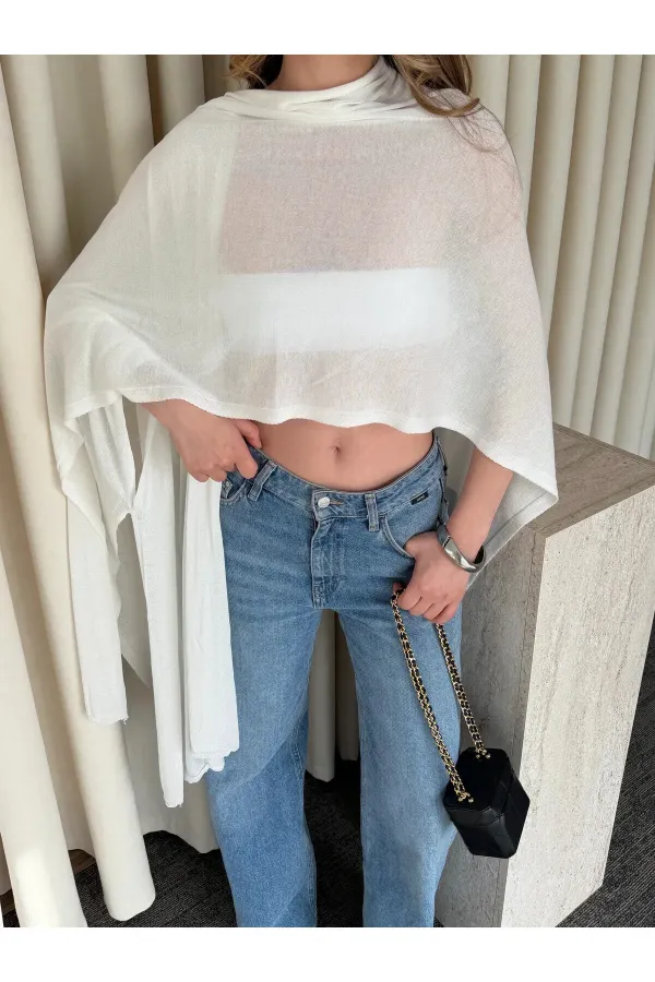 Ekru Muadil Tasarım Triko Pelerin Şal - 5241