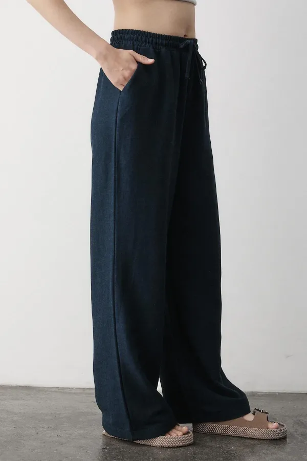 Navy Blue Wide Leg Trousers with Elastic Waistband
