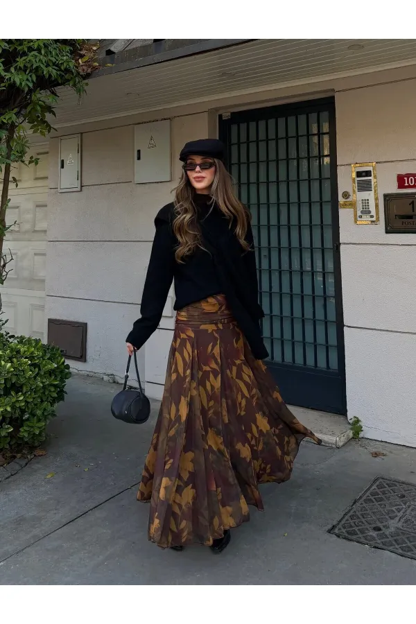 Haki - Sarı Yaprak Desenli Etek - 251101