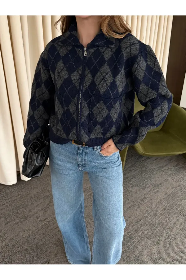 Gilet zippé bleu marine à motif losanges anthracite - 261003