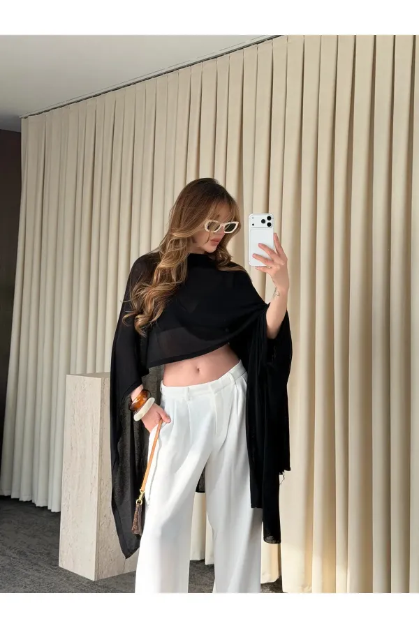 Siyah Muadil Tasarım Triko Pelerin Şal - 5241