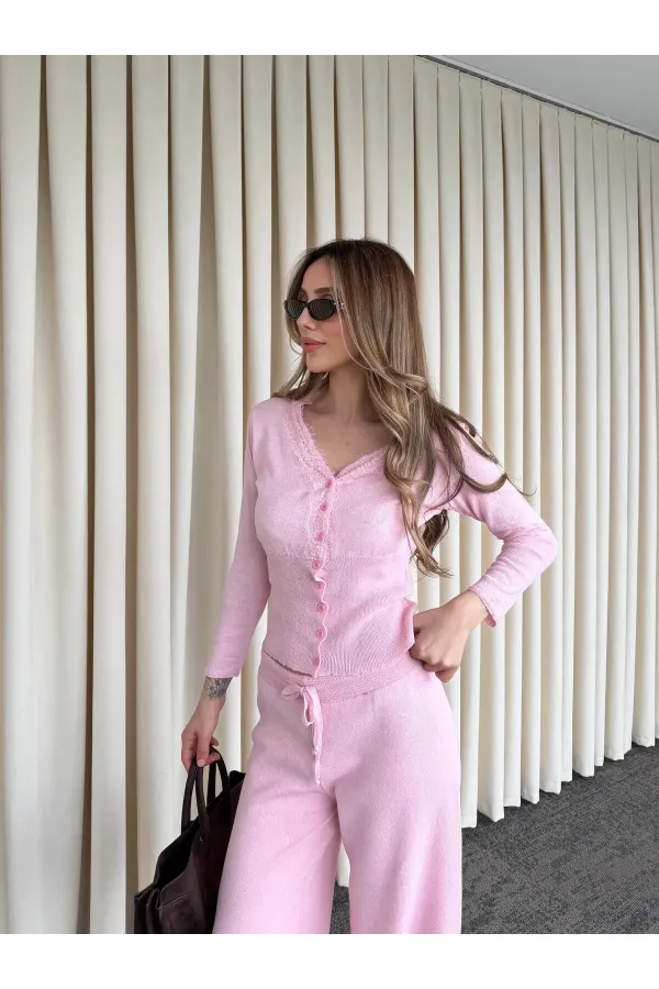 Pembe Dantelli İkili Triko Takım - 2602