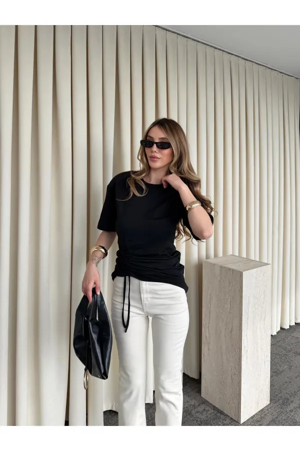 Siyah Yandan Büzgülü Bluz - ÖB261025